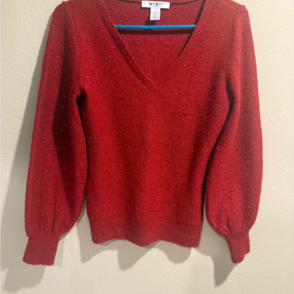 HOLIDAY White House Black Market Red V-Neck Sweater Timeless Knit